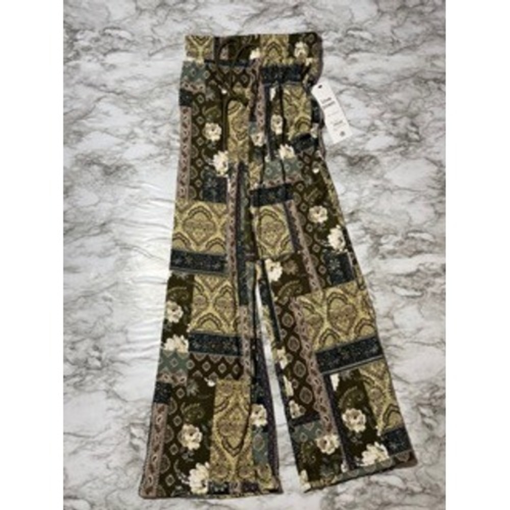 Love Poem Pants Women's Drawstring Waist Olive Green Patchwork Floral Wide Leg